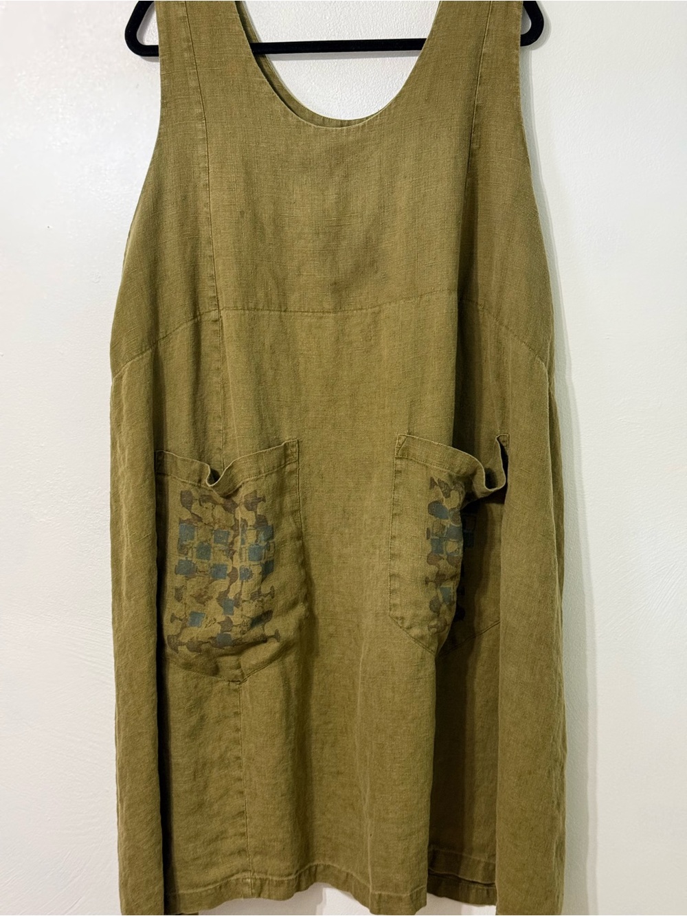 Blue Fish Apron Dress Olive Green Linen Lagenlook